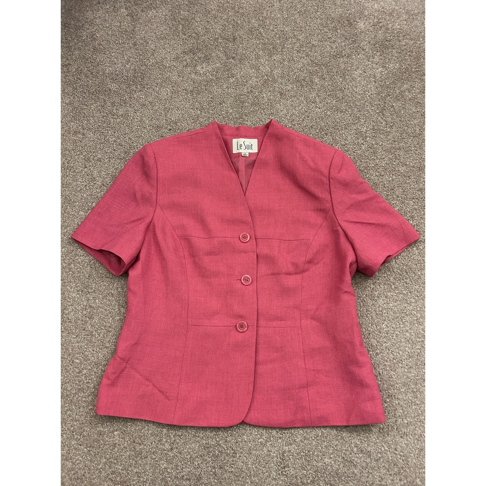 Le Suit Short Sleeve Blazer Womens 16 Pink Excellent V-Neck Textured Career Top